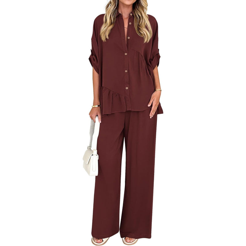KIRUNDO Two Piece Sets for Women Spring Outfits 2026 Summer Fall Dressy Casual Button Down Shirt Wide Leg Pants Lounge Set