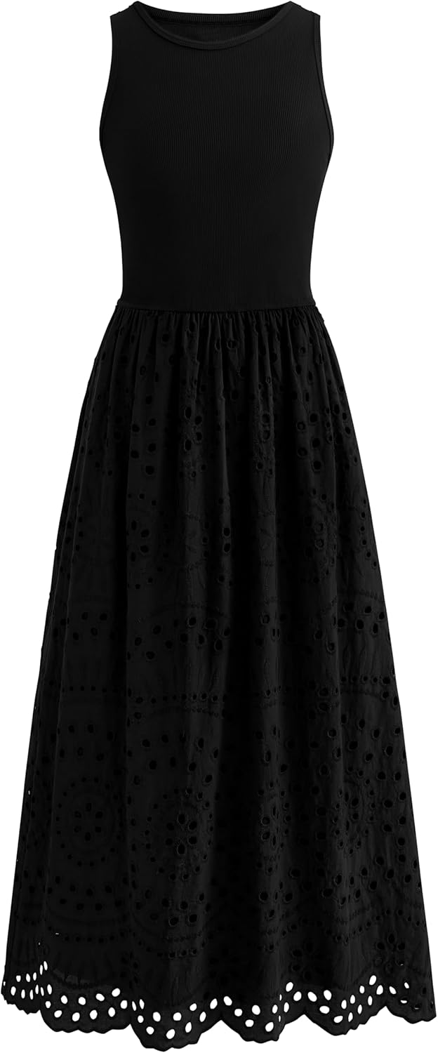 dowerme Women Summer Dresses 2026 Casual Sleeveless Crewneck A-Line Boho Lace Eyelet Cotton Tank Maxi Dress with Pockets