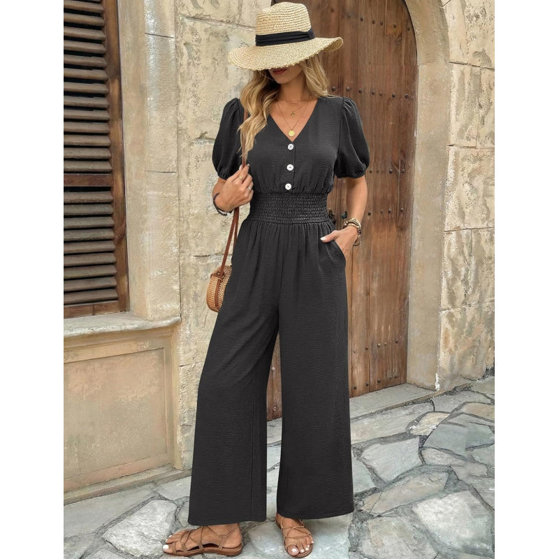 LOOKBOHO Womens Jumpsuits Short Sleeve V Neck Dressy Casual Wide Leg Pants Romper 2026 Summer One Piece Outfits