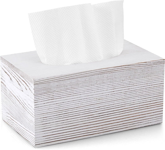Whitewashed Tissue Box Cover Rectangle for 120 160 Count - Wooden Rectangular Tissue Box Holder - Decorative Facial Tissue Box Cover for Tabletop Night Stands Bathroom Office