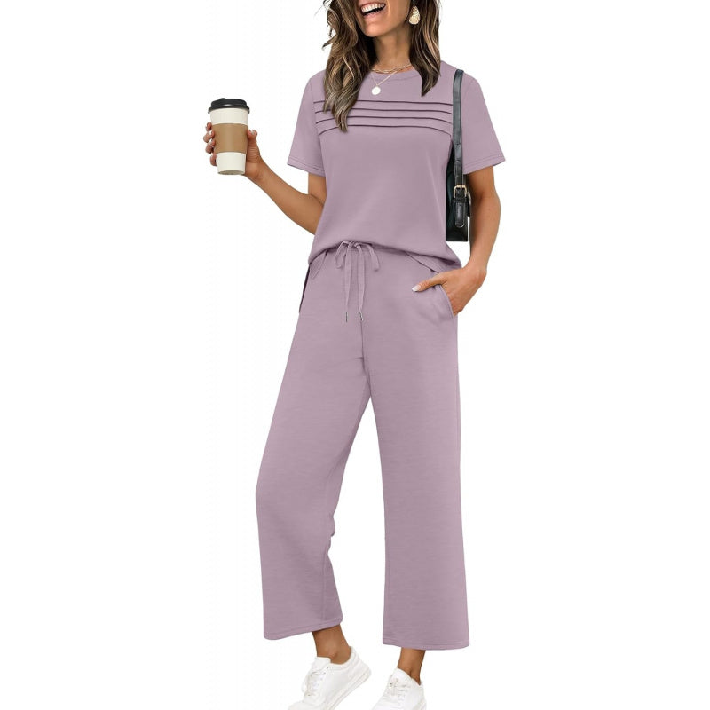 WIHOLL Two Piece Sets for Women Summer Spring Travel Vacation Outfits Short Sleeve Lounge Sets Side Slit Wide Leg Pants S-3XL