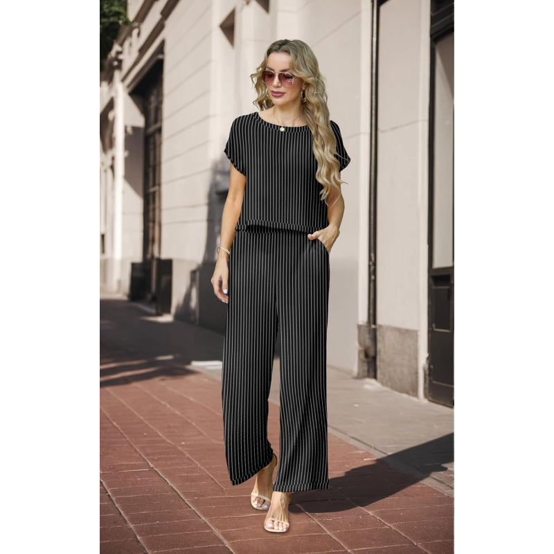 Lepunuo 2 Piece Sets for Women Summer Cap Sleeve Crop Top Wide Leg Pants Matching Lounge Set Vacation Beach Travel Outfits