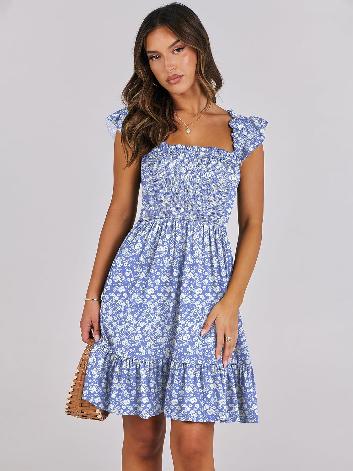 ANRABESS Women's Summer Casual Sleeveless Square Neck Dress 2026 Smocked Ruffle Backless Boho Beach Cute Teen Short Sundress