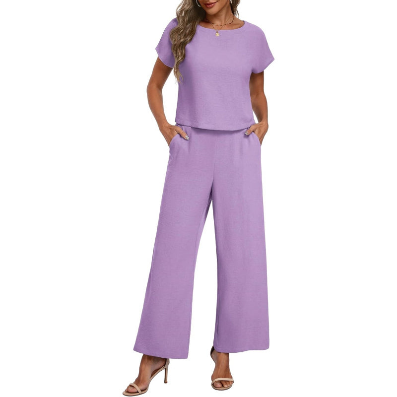 Lepunuo 2 Piece Sets for Women Summer Cap Sleeve Crop Top Wide Leg Pants Matching Lounge Set Vacation Beach Travel Outfits