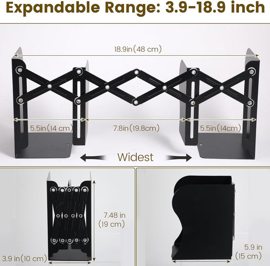 2 Pack Adjustable Bookends for Heavy Books - Expandable Book Ends to Hold Books Heavy Duty, Metal Book Organizer with Anti-Slip Design for Shelves, Desk & Office (Black)