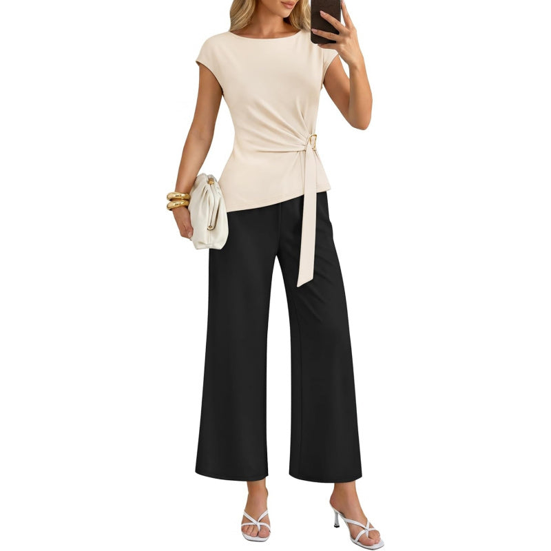 ZESICA Women's 2026 Summer 2 Piece Outfit Sets Casual Short Sleeve Knit Belted Tops and Wide Leg Pants Work Office Clothes