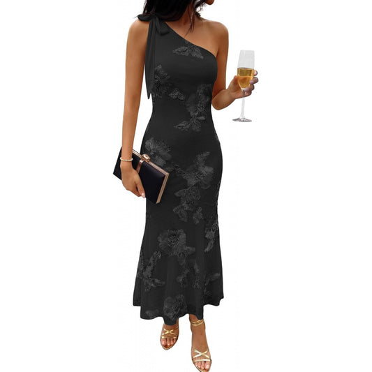 Caracilia Womens Floral One Shoulder Formal Dress Summer Elegant Bodycon Mesh Wedding Guest Cocktail Party Long Maxi Dresses