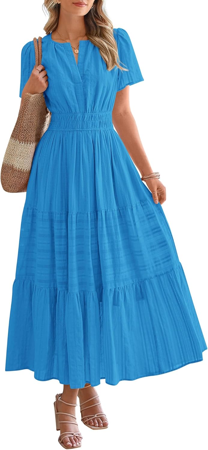 BTFBM Womens Summer 2026 Casual Midi Maxi Dresses Lightweight Short Sleeve V Neck Elastic Waist Boho Beach Dress Pockets