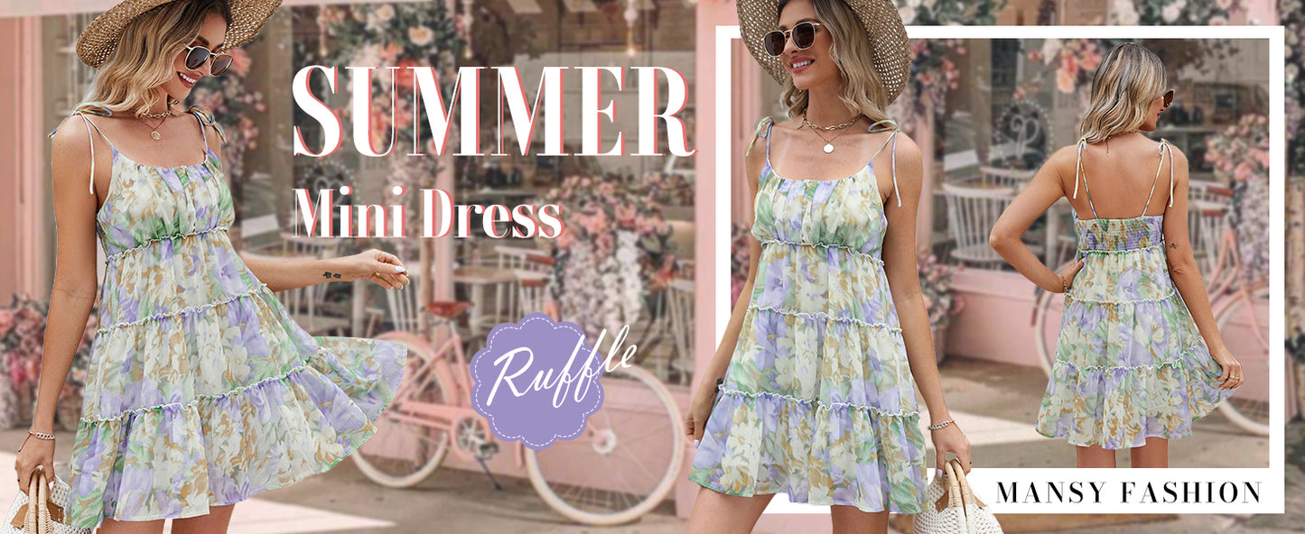 Mansy Womens 2026 Summer Floral Mini Dress Boho Flowy Skater Dresses Short Sleeveless Ruffle Spaghetti Strap Dress