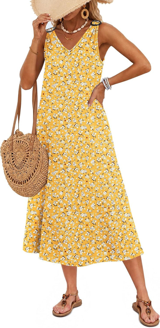 MOLERANI Women Summer Maxi Dresses V Neck Casual Sleeveless Circular Ring Buckle Sundress Beach Vacation Dress with Pockets