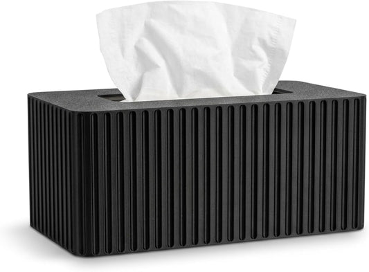 Modern Tissue Box Cover, Rectangular Decorative Holder with Ribbed Design, Desktop Organizer for Office, Home (Black)
