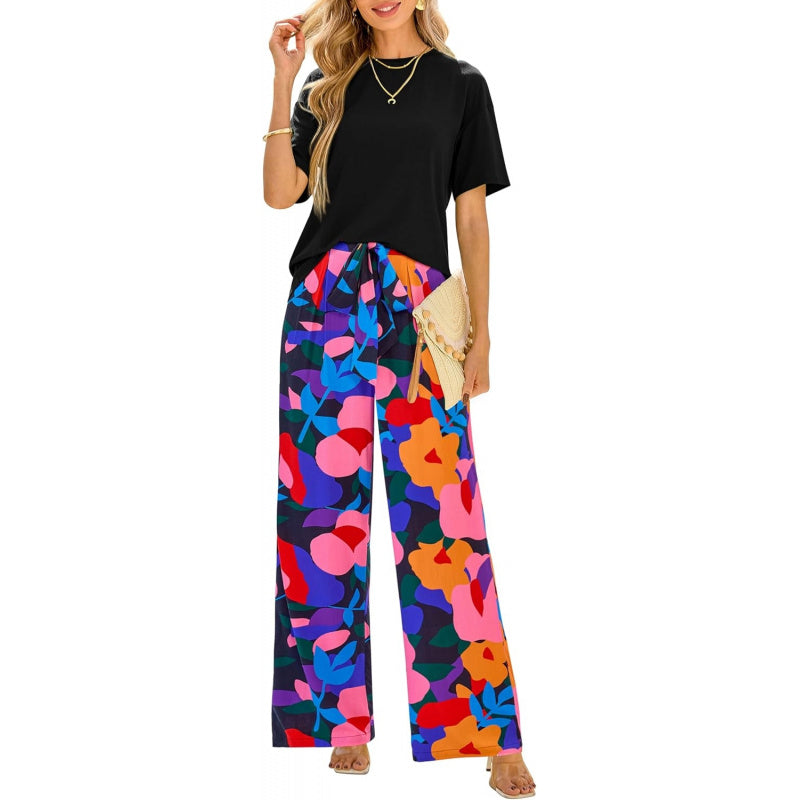 PRETTYGARDEN Women Summer 2 Piece Outfits 2026 Short Sleeve Knit Top Floral Print Belted Wide Leg Pant Sets With Pockets