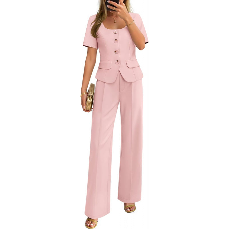 ZESICA Women's Summer Two Pieces Suits Set 2026 Short Sleeve Blazer Wide Leg Pants Business Casual Outfits Sets