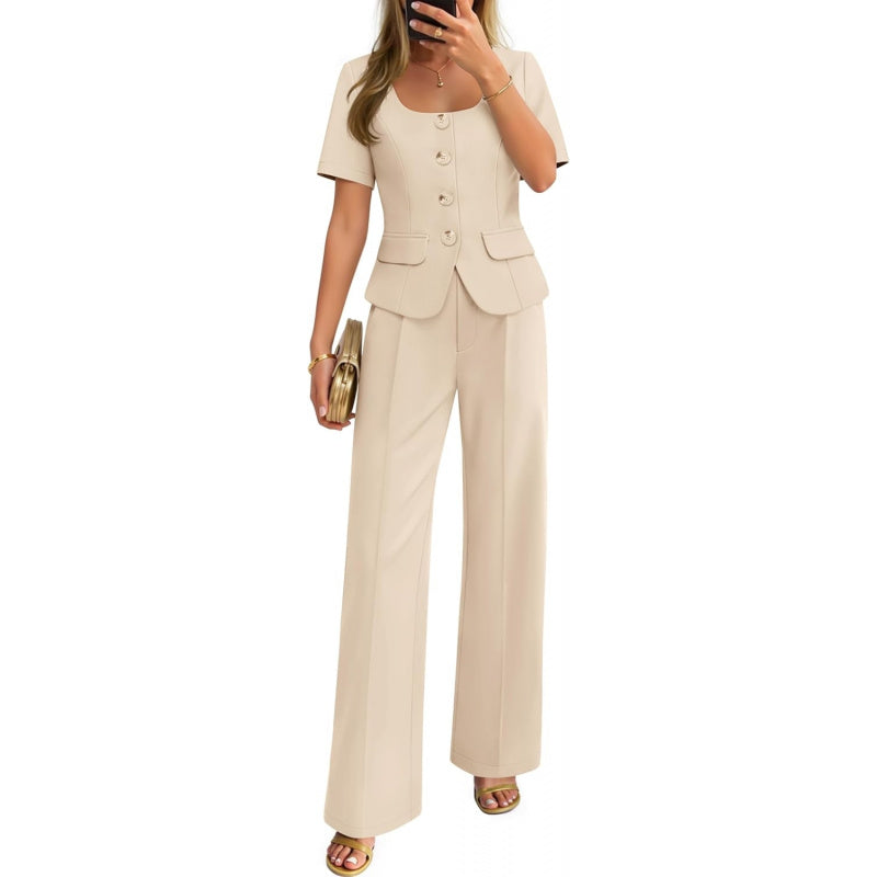 ZESICA Women's Summer Two Pieces Suits Set 2026 Short Sleeve Blazer Wide Leg Pants Business Casual Outfits Sets