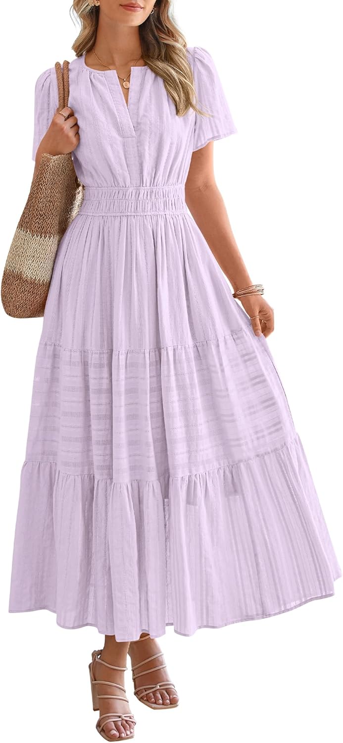 BTFBM Womens Summer 2026 Casual Midi Maxi Dresses Lightweight Short Sleeve V Neck Elastic Waist Boho Beach Dress Pockets