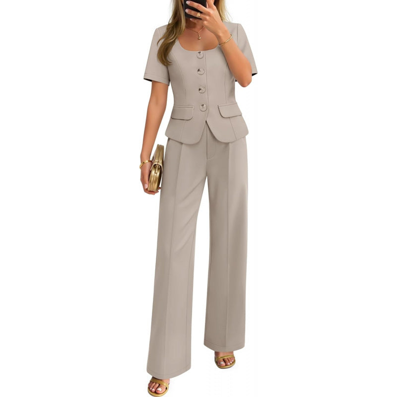 ZESICA Women's Summer Two Pieces Suits Set 2026 Short Sleeve Blazer Wide Leg Pants Business Casual Outfits Sets