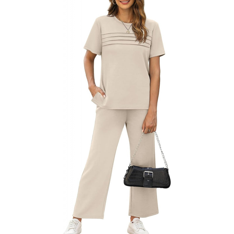 WIHOLL Two Piece Sets for Women Summer Spring Travel Vacation Outfits Short Sleeve Lounge Sets Side Slit Wide Leg Pants S-3XL