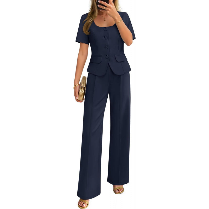 ZESICA Women's Summer Two Pieces Suits Set 2026 Short Sleeve Blazer Wide Leg Pants Business Casual Outfits Sets