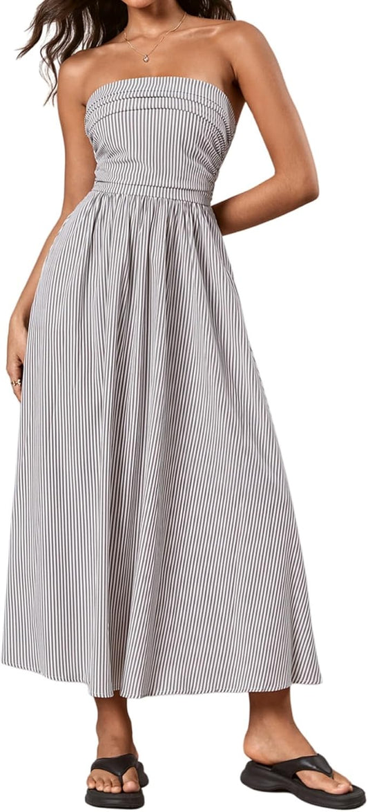 Milumia Women's Striped Strapless Maxi Dress Summer Casual Tube Top Long Dresses with Pocket