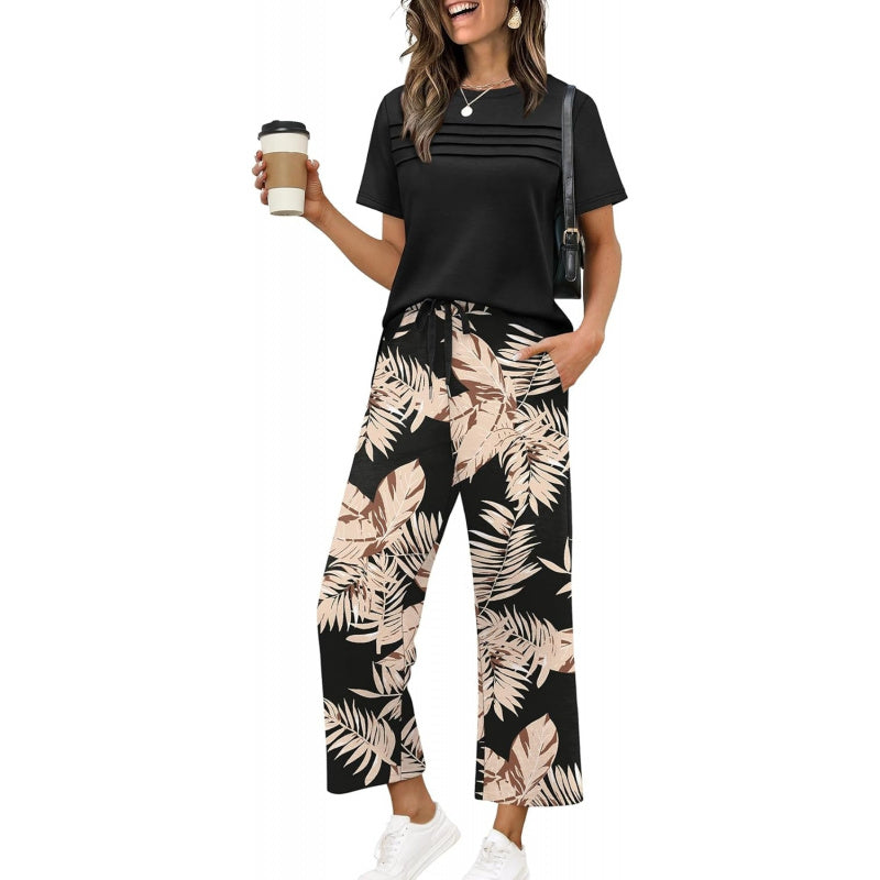 WIHOLL Two Piece Sets for Women Summer Spring Travel Vacation Outfits Short Sleeve Lounge Sets Side Slit Wide Leg Pants S-3XL