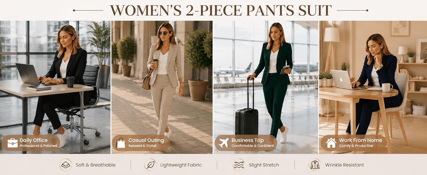 Kubsid Pant Suits for Women Dressy 2026 Business Blazer and Elastic High Waist Straight Leg Pants Work 2 Piece Outfits