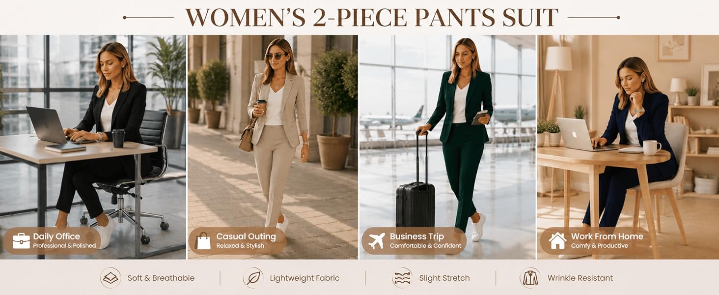 Kubsid Pant Suits for Women Dressy 2026 Business Blazer and Elastic High Waist Straight Leg Pants Work 2 Piece Outfits